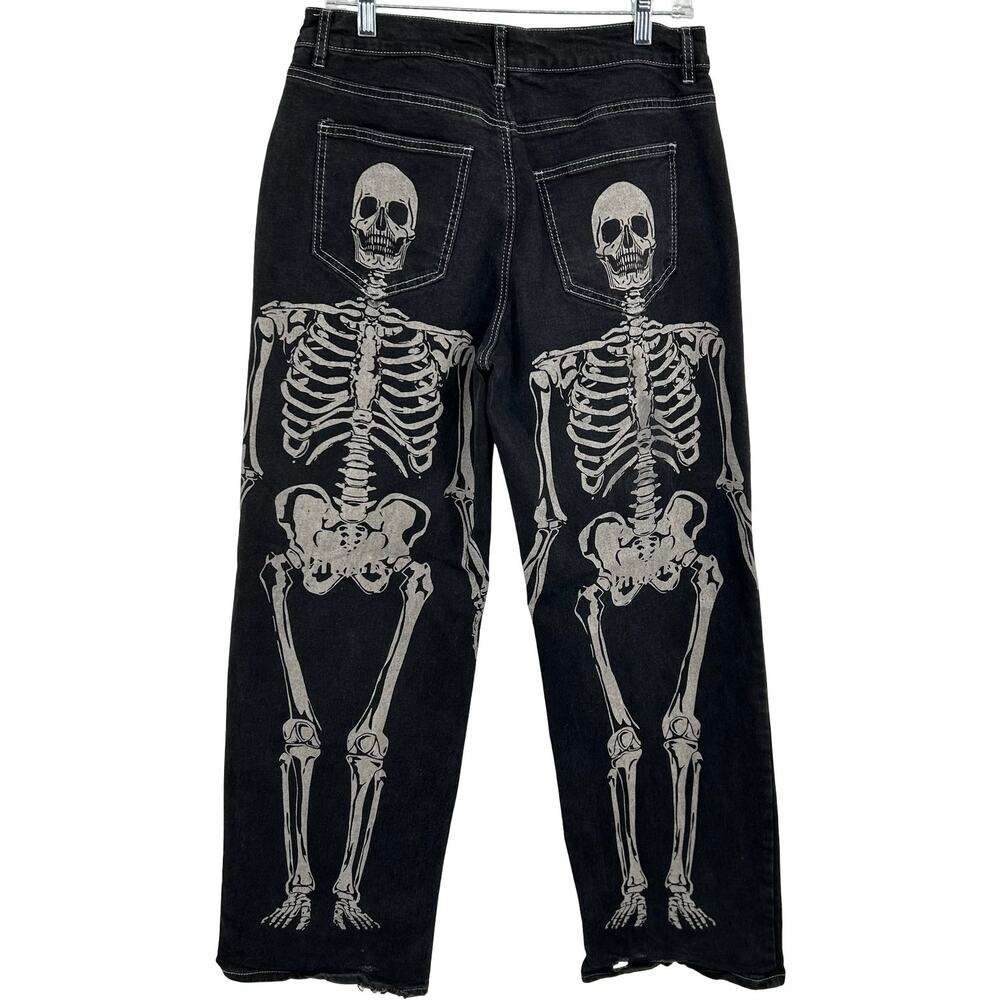 Men's Hot Topic AOP Skeleton Print Baggy Black Denim Jean Pants 30x32 act(30x31)